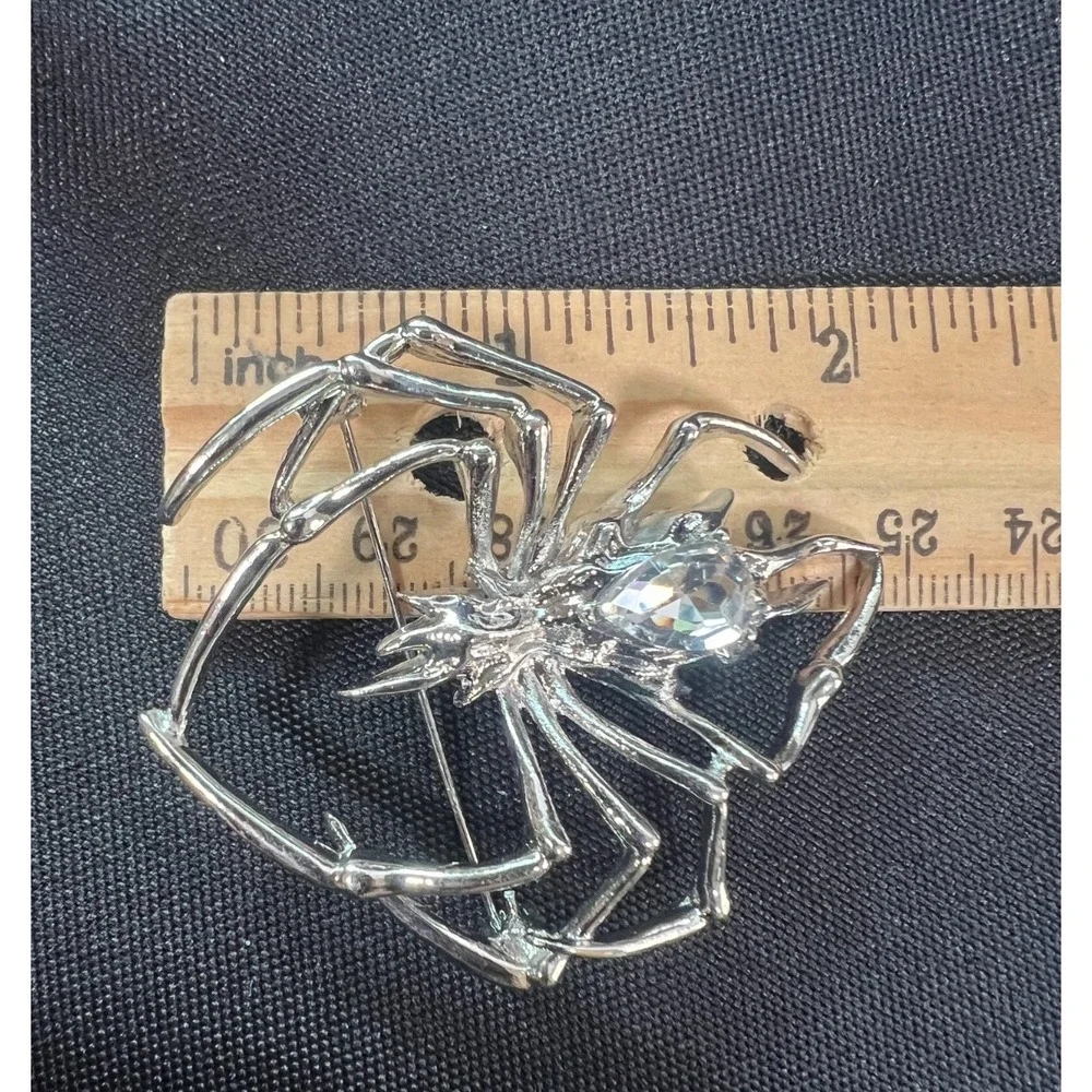 Large Silver‎ Tone Spider Brooch Clear Rhinestone Statement Halloween Gothic